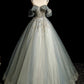 A-Line Round Neck Tulle Gray Blue Long Prom Dress, Tulle Sequin Lace Long Evening Dress nv1495