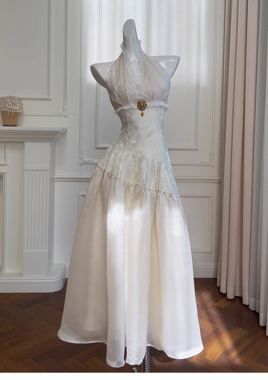 NiceVestidos-Homecoming Dress Apricot Waist Slimming Mid-Length Elegant Halterneck Backless Dress nv5552