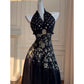 NiceVestidos-Homecoming Dress Black And Gold Satin Jacquard Design Sleeveless Waist Long Dress Backless Halter Neck Sexy Banquet Dress nv5559