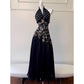 NiceVestidos-Homecoming Dress Black And Gold Satin Jacquard Design Sleeveless Waist Long Dress Backless Halter Neck Sexy Banquet Dress nv5559