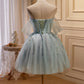 Green Tulle Beaded Short Prom Dress, Cute Off Shoulder Homecoming Dress nv1587