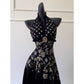 NiceVestidos-Homecoming Dress Black And Gold Satin Jacquard Design Sleeveless Waist Long Dress Backless Halter Neck Sexy Banquet Dress nv5559
