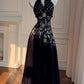 NiceVestidos-Homecoming Dress Black And Gold Satin Jacquard Design Sleeveless Waist Long Dress Backless Halter Neck Sexy Banquet Dress nv5559