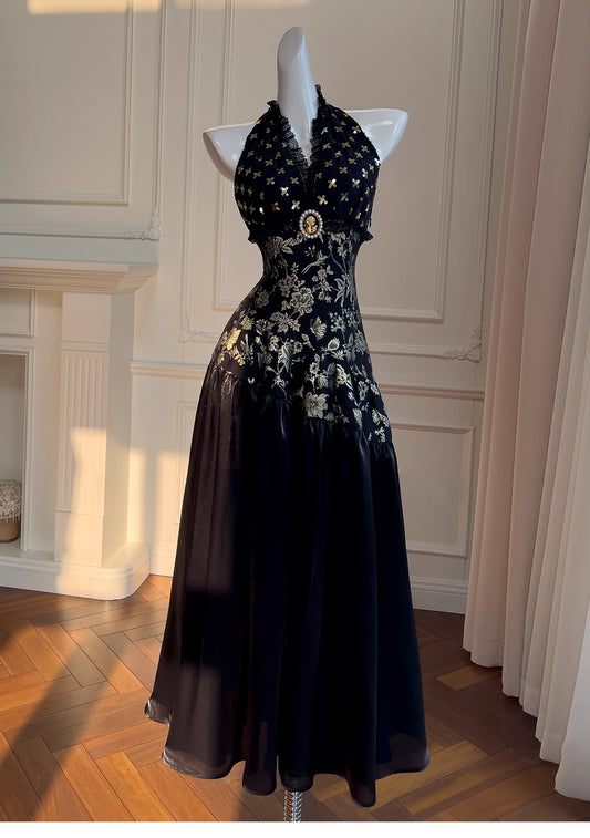 NiceVestidos-Homecoming Dress Black And Gold Satin Jacquard Design Sleeveless Waist Long Dress Backless Halter Neck Sexy Banquet Dress nv5559
