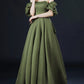 Vintage olive green A-line off-the-shoulder short sleeves solid satin low back bow train long ball gown evening dress party dress nv2566