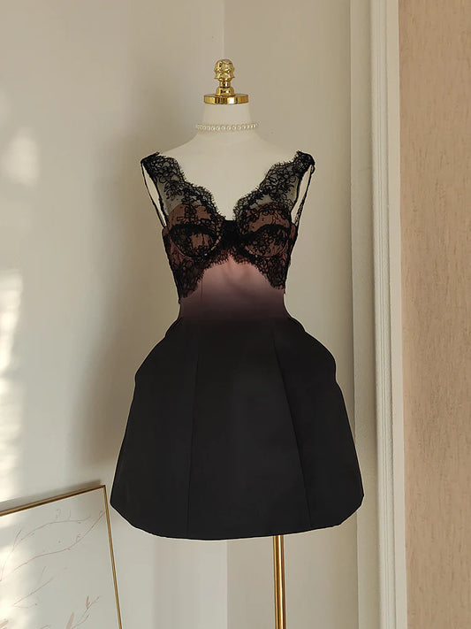Black Pink Homecoming Dress Satin Lace Holiday Dress Short Birthday Dress nv4268