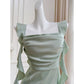 NiceVestidos-Homecoming Dress Mint Green Square Neck Dress Design Sense Ribbon Short Style Petite Summer Slim Satin Dress nv5560