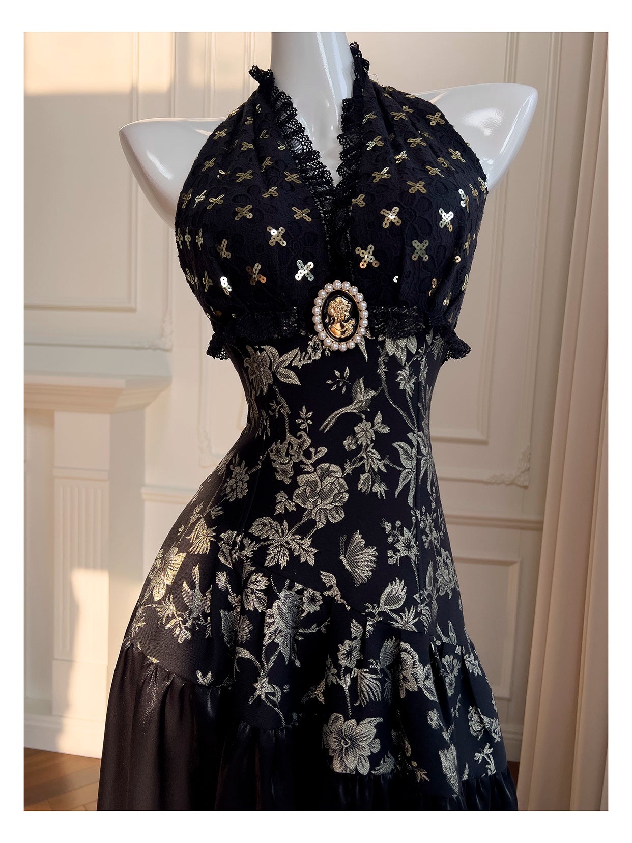 NiceVestidos-Homecoming Dress Black And Gold Satin Jacquard Design Sleeveless Waist Long Dress Backless Halter Neck Sexy Banquet Dress nv5559