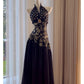 NiceVestidos-Homecoming Dress Black And Gold Satin Jacquard Design Sleeveless Waist Long Dress Backless Halter Neck Sexy Banquet Dress nv5559