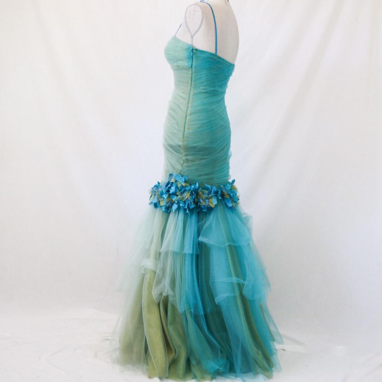 💙 Vintage unique teal floral long mermaid silhouette with flared hem and ruffled tulle formal prom dress. nv4987