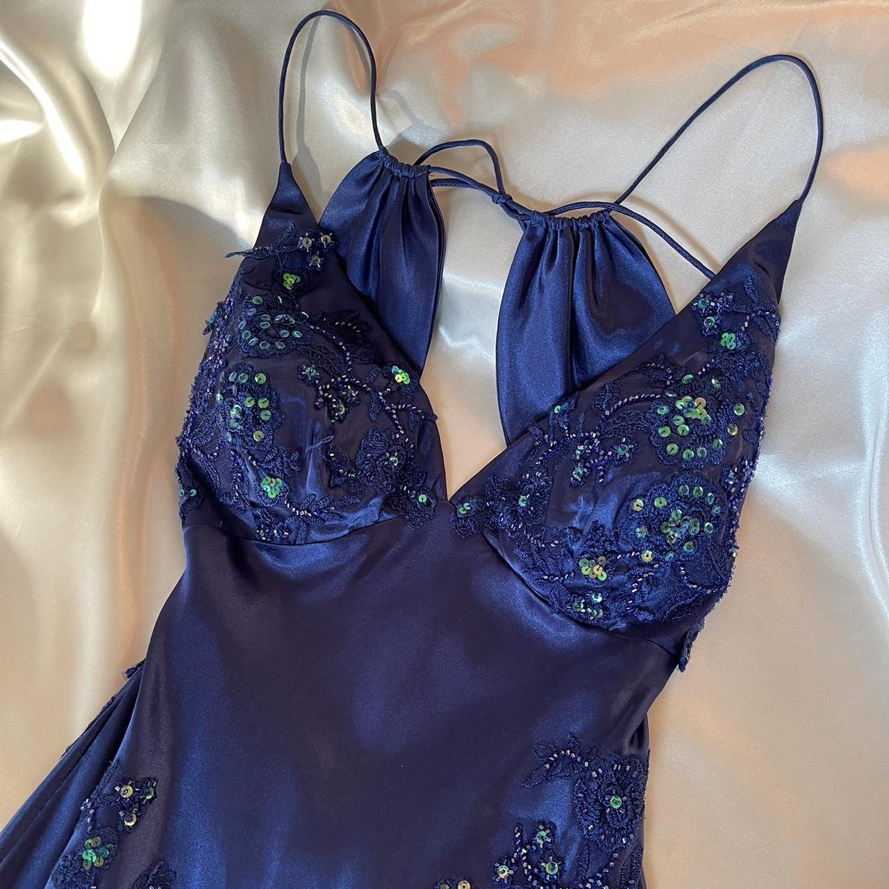 Beautiful dark blue floral embroidery, intricate floral beading, vintage long chiffon prom dress nv5380