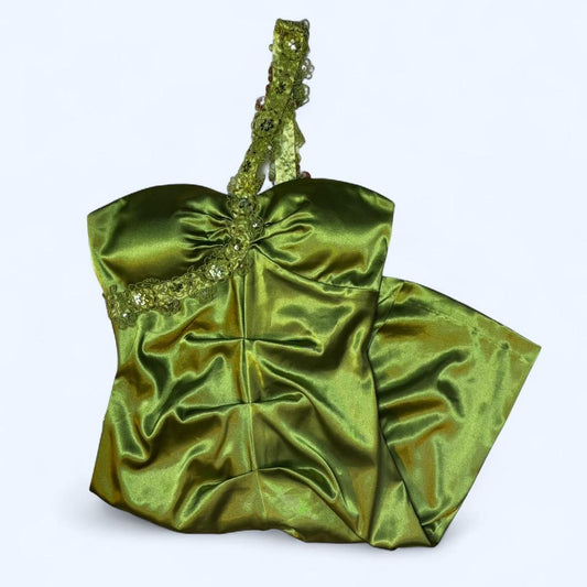 Green one shoulder fashion fairy satin short homecoming dress birthday party dress nv5400