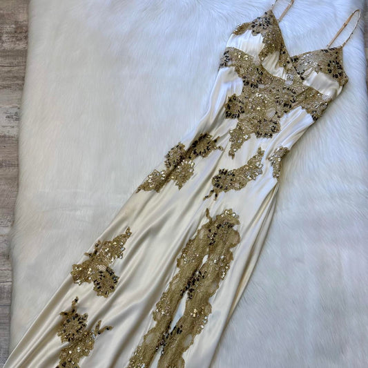 NiceVestidos-Ivory white shiny sequins beautiful exquisite lace long satin chiffon formal prom dress nv5454