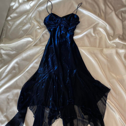 Navy blue shiny spaghetti strap long chiffon prom dress homecoming dress birthday party dress nv5388