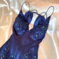 Beautiful dark blue floral embroidery, intricate floral beading, vintage long chiffon prom dress nv5380