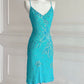 Turquoise homecoming dress vintage y2k fairy boho floral beaded sequin embroidery midi chiffon suspender dress prom dress evening gown party dress nv4411