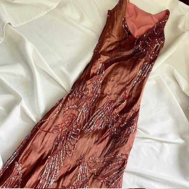 Brown Beaded Elegant Long Satin Birthday Dress Prom Dress Party Dress Homecoming Dress nv4530