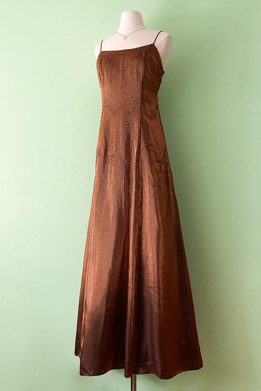 NiceVestidos--Brown Exquisite Beaded Dress Vintage Dress Women's Long Satin Ball Gown NV5650