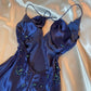 Beautiful dark blue floral embroidery, intricate floral beading, vintage long chiffon prom dress nv5380