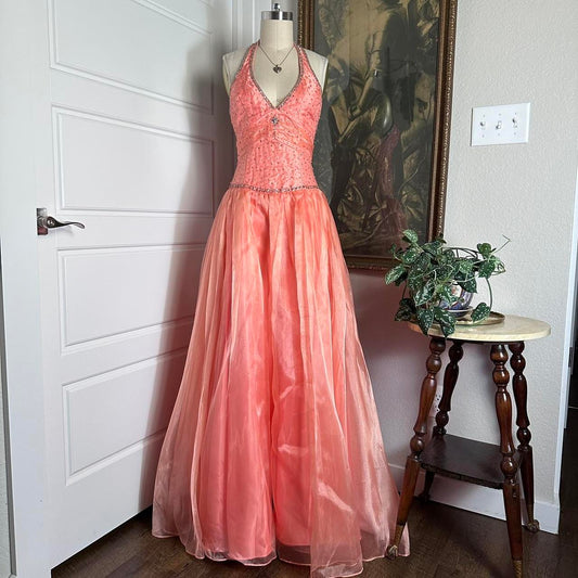 Pink Orange Shiny Retro Fashion Strapless V-Neck Exquisite Beading Long Elegant Tulle Satin Backless Ball Gown Evening Gown Party Dress nv3670