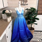 Blue Gradient Stunning Cinderella V Neck Long Satin Ball Gown Evening Dress Party Dress nv4254