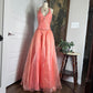 Pink Orange Shiny Retro Fashion Strapless V-Neck Exquisite Beading Long Elegant Tulle Satin Backless Ball Gown Evening Gown Party Dress nv3670