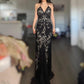 Black stunning vintage fashion exquisite beaded geometric pattern halter long chiffon tulle prom dress evening dress party dress nv3809