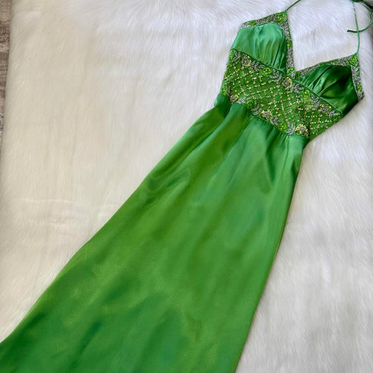 Green Beaded Shiny Elegant Long Satin Ball Gown Evening Gown Party Dress nv4562