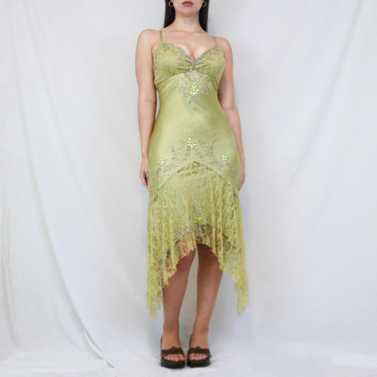 ✨💚Vintage Beaded Chartreuse Fairy Long Lace Mini Formal Homecoming Dress Birthday Party Dress nv4990