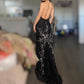 Black stunning vintage fashion exquisite beaded geometric pattern halter long chiffon tulle prom dress evening dress party dress nv3809