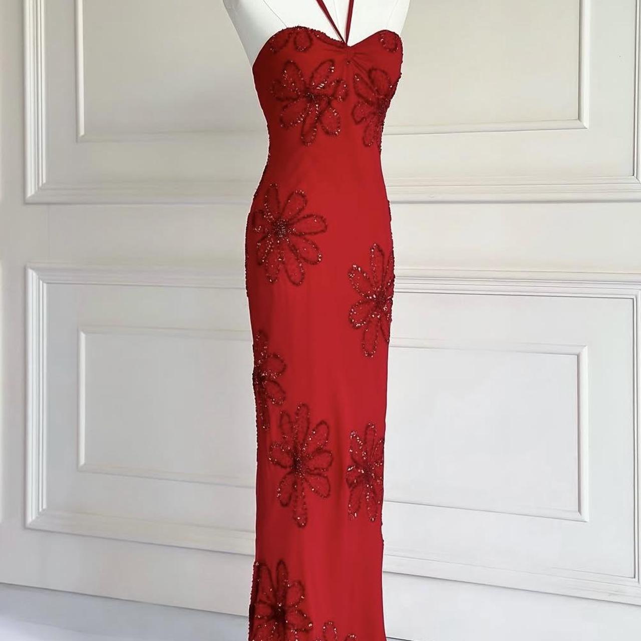 🌹Red vintage 90s y2k boho floral beaded halter maxi prom dress evening gown party dress nv4410