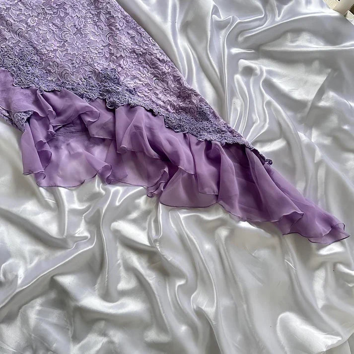 Purple Delicate Lace Slim Fit Long Ball Gown Elegant Party Dress Evening Gown nv3422