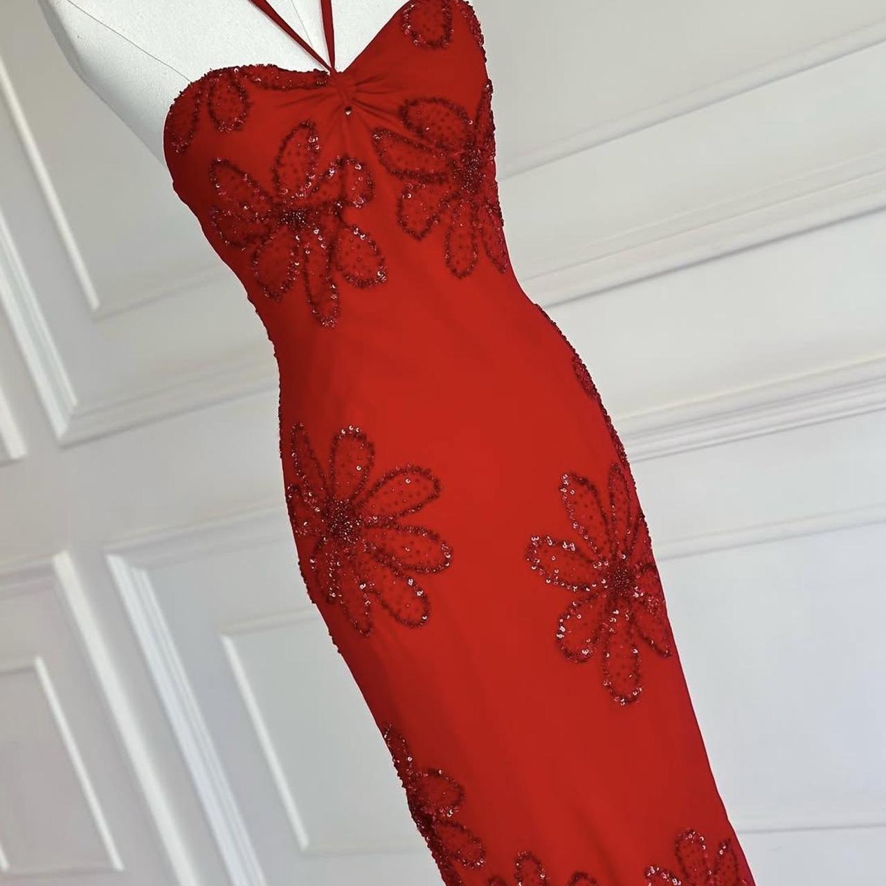 🌹Red vintage 90s y2k boho floral beaded halter maxi prom dress evening gown party dress nv4410