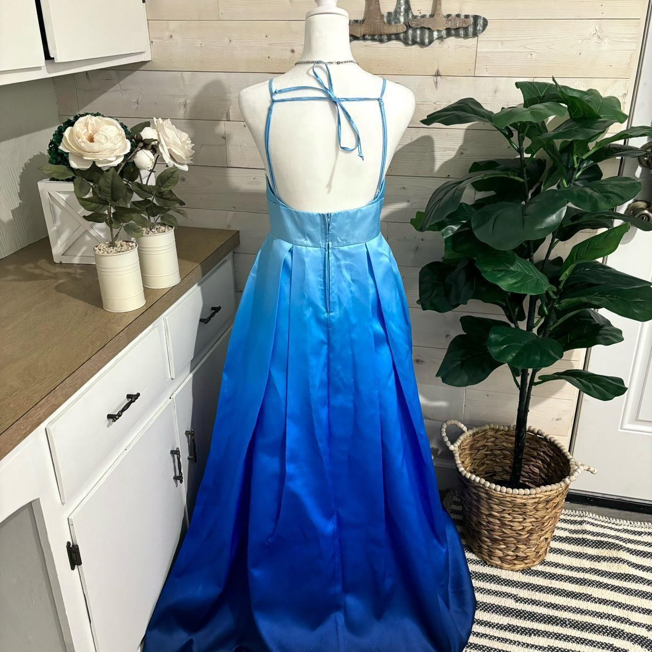 Blue Gradient Stunning Cinderella V Neck Long Satin Ball Gown Evening Dress Party Dress nv4254