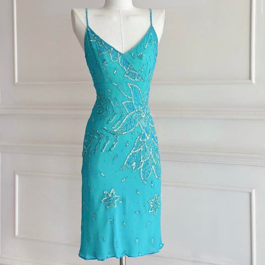 Turquoise homecoming dress vintage y2k fairy boho floral beaded sequin embroidery midi chiffon suspender dress prom dress evening gown party dress nv4411