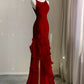 Black/Red/White Elegant Spaghetti Strap Backless Long Ruffle Mermaid Slim Ball Gown Evening Dress nv3518