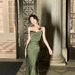 Green Elegant Mermaid Spaghetti Strap Satin Long Ball Gown Evening Gown Party Dress nv2325