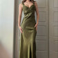 Olive Green Vintage Fashion Elegant Bodycon Long Satin Ball Gown Evening Dress Party Dress nv3516