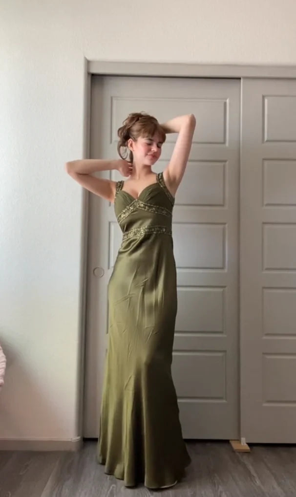 Olive Green Vintage Fashion Elegant Bodycon Long Satin Ball Gown Evening Dress Party Dress nv3516