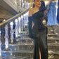 Black Sexy Mermaid One Shoulder Long Slit Ball Gown nv1833