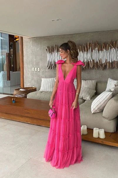 Hot Pink V-neck Halter Strapless Shoulder Bowknot Long Prom Dress Formal Dress Evening Dress Party Dress nv2549