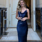 Simple Sheath Straps Navy Blue Long Prom Dresses nv1719