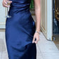 Simple Sheath Straps Navy Blue Long Prom Dresses nv1719