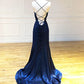 Backless Dark Navy Blue Long Prom Dresses Evening Dresses nv1687