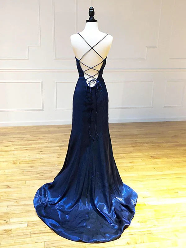 Backless Dark Navy Blue Long Prom Dresses Evening Dresses nv1687