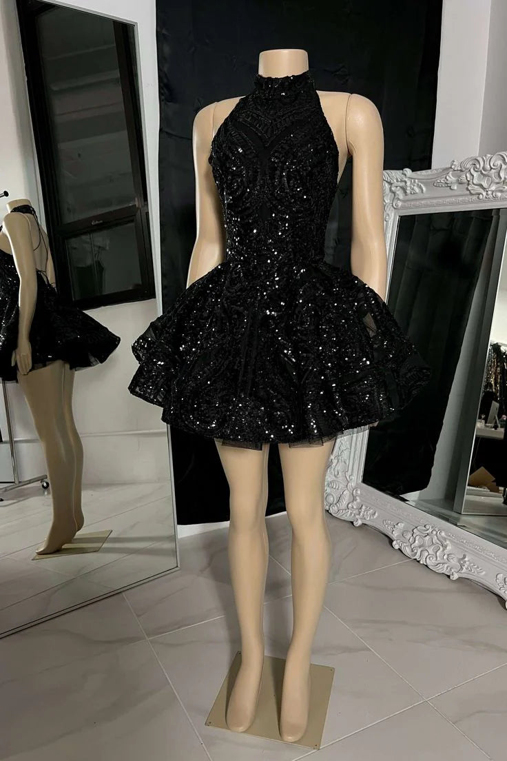 Black classic high neck sequin applique short homecoming dress birthday outfit party dress nv2028