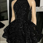 Black classic high neck sequin applique short homecoming dress birthday outfit party dress nv2028