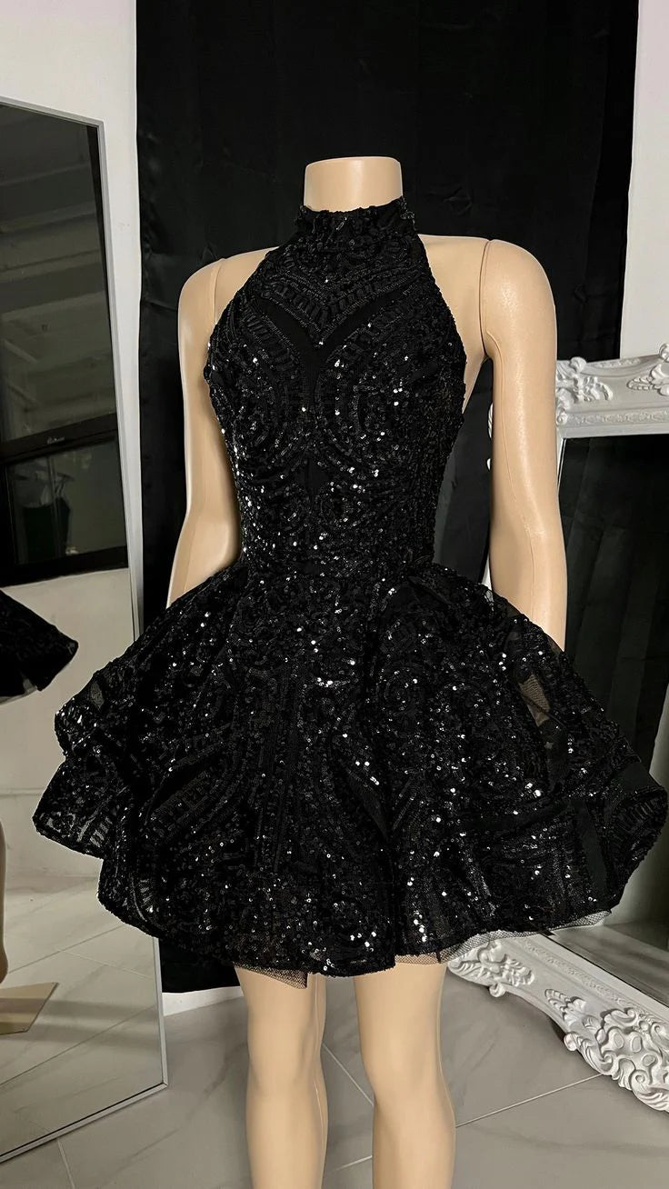 Black classic high neck sequin applique short homecoming dress birthday outfit party dress nv2028