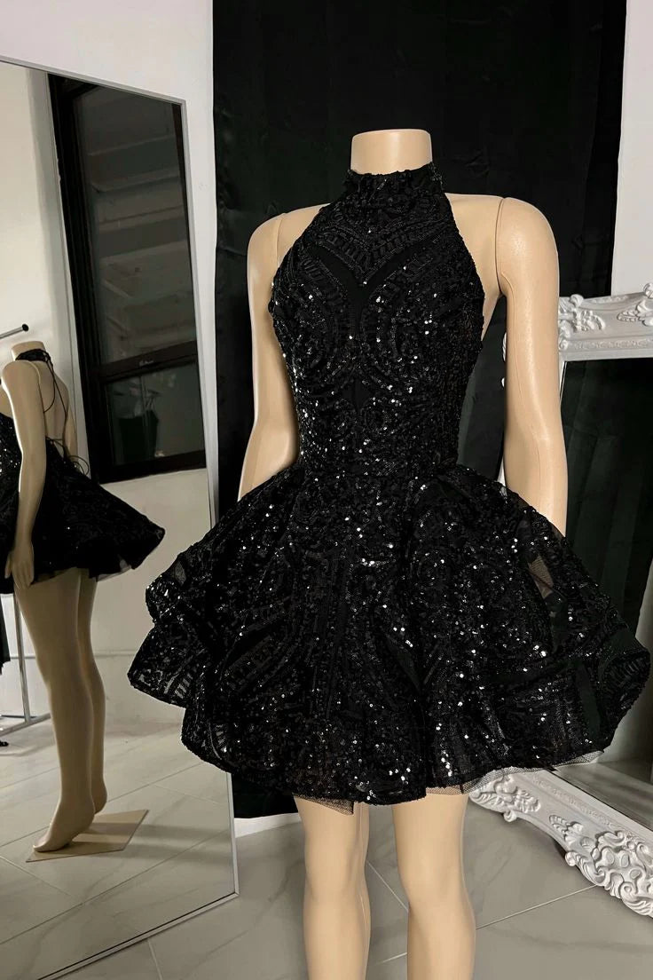 Black classic high neck sequin applique short homecoming dress birthday outfit party dress nv2028