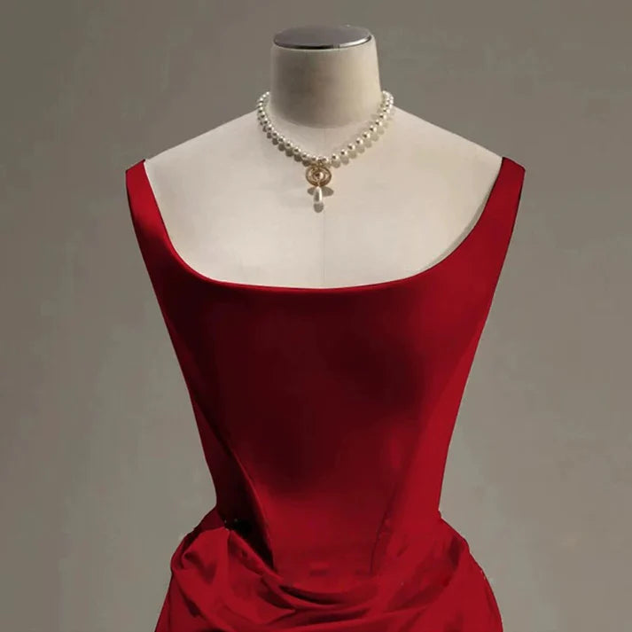 Red retro fashion square neckline sexy mermaid long satin floor length ball gown evening dress nv3618